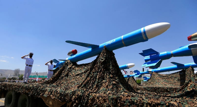 Sayyad, an anti-ship version of the Quds cruise missile, equipped with a radar-homing seeker, on parade in Sanaa, Yemen. AFP