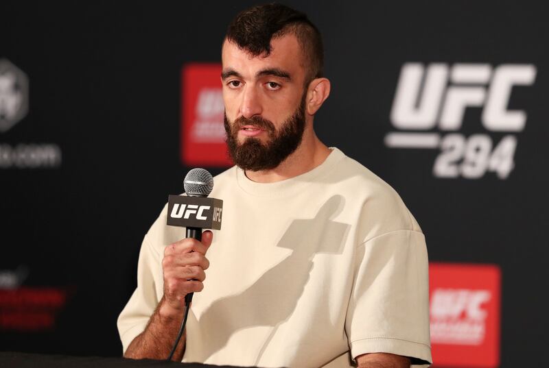 UFC lightweight Mohammed Yahya speaks to the media before his fight against Trevor Peek at UFC 294.