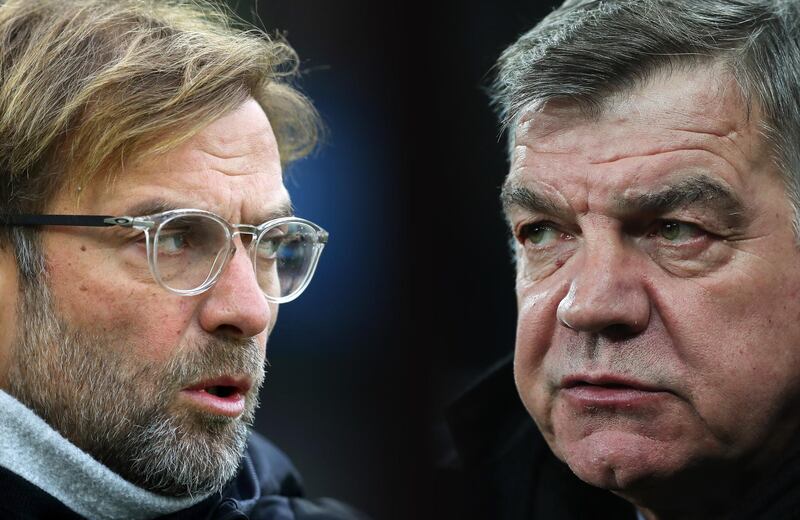 FILE PHOTO (EDITORS NOTE: GRADIENT ADDED - COMPOSITE OF TWO IMAGES - Image numbers (L) 884544180 and 893103774) In this composite image a comparision has been made between Jurgen Klopp, Manager of Liverpool (L) and Everton manager Sam Allardyce. Liverpool and Everton meet in the Emirates FA Cup Third Round on January 5, 2017 at Anfield in Liverpool,England.   ***LEFT IMAGE*** BRIGHTON, ENGLAND - DECEMBER 02: Jurgen Klopp, Manager of Liverpool looks on before the Premier League match between Brighton and Hove Albion and Liverpool at Amex Stadium on December 2, 2017 in Brighton, England. (Photo by Dan Istitene/Getty Images) ***RIGHT IMAGE*** NEWCASTLE UPON TYNE, ENGLAND - DECEMBER 13: Everton manager Sam Allardyce is seen during the Premier League match between Newcastle United and Everton at St. James Park on December 13, 2017 in Newcastle upon Tyne, England. (Photo by Ian MacNicol/Getty Images)