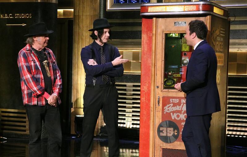 From left, Neil Young and Jack White on Jimmy Fallon’s Tonight Show with the Voice-O-Graph. Douglas Gorenstein / NBC / NBCU Photo Bank