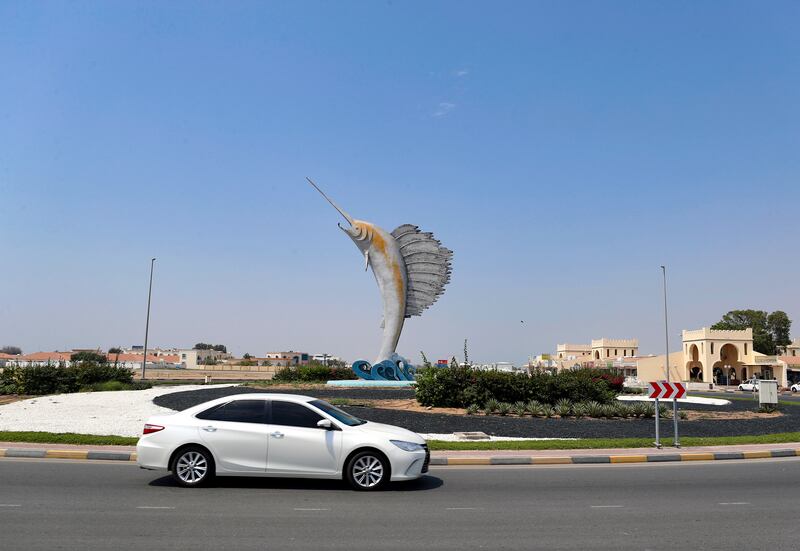 A sailfish artwork leaps from the centre of this roundabout in Umm Al Quwain.
