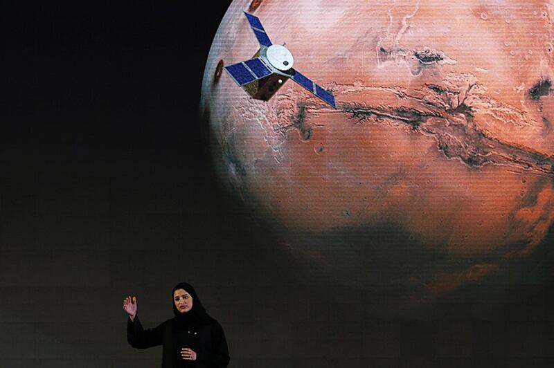 FILE - In this Wednesday, May 6, 2015 file photo, Sarah Amiri, deputy project manager of the United Arab Emirates Mars mission, talks about the project named "Hope," or "al-Amal" in Arabic, which is scheduled for launch in 2020, during a ceremony in Dubai, UAE. Three countries â€” the United States, China and the United Arab Emirates â€” are sending unmanned spacecraft to the red planet in quick succession beginning in July 2020. (AP Photo/Kamran Jebreili, File)