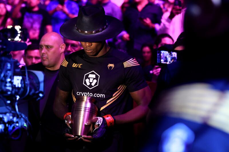 Israel Adesanya makes his way to the octagon for his middleweight title bout against Jared Cannonier. Getty
