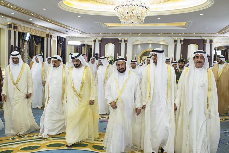 Sheikh Mohammed bin Rashid, Vice President and Ruler of Dubai, and Sheikh Mohammed bin Zayed, Crown Prince of Abu Dhabi and Deputy Supreme Commander of the Armed Forces, accompanied by, from left, Sheikh Hamad bin Mohammed Al Sharqi, Supreme Council Member and Ruler of Fujairah; Sheikh Humaid bin Rashid Al Nuaimi, Supreme Council Member and Ruler of Ajman; Dr Sheikh Sultan bin Mohammed Al Qasimi, Supreme Council Member and Ruler of Sharjah; and Sheikh Saud bin Rashid Al Mualla, Supreme Council Member and Ruler of Umm Al Quwain, as they leave Mushrif Palace yesterday after an Eid Al Fitr reception. Ryan Carter / Crown Prince Court – Abu Dhabi 