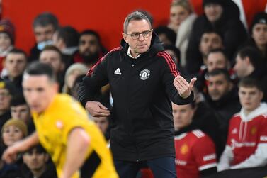Manchester United's interim manager Ralf Rangnick (R) reacts during the English Premier League match between Manchester United and Wolverhampton Wanderers in Manchester, Britain, 03 January 2022.   EPA/PETER POWELL EDITORIAL USE ONLY.  No use with unauthorized audio, video, data, fixture lists, club/league logos or 'live' services.  Online in-match use limited to 120 images, no video emulation.  No use in betting, games or single club / league / player publications