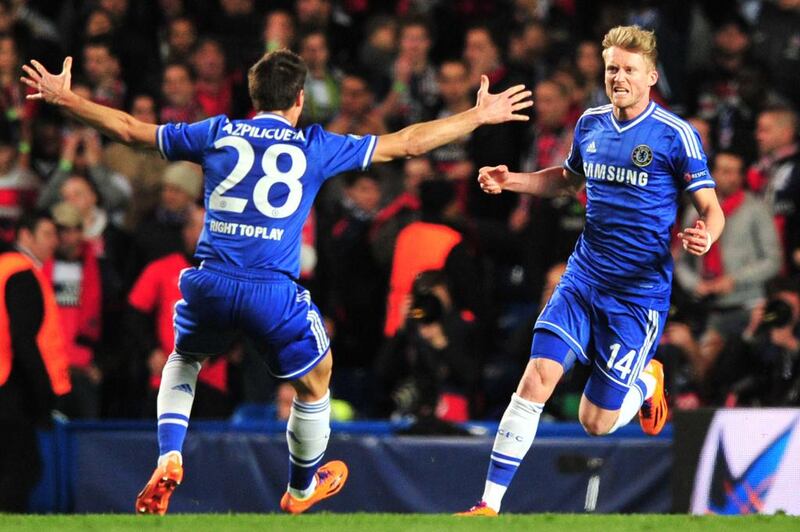 Chelsea striker Andre Schurrle celebrates scoring the opening goal against Paris Saint-Germain in the Champions League on Tuesday. Glyn Kirk / AFP / April 8, 2014