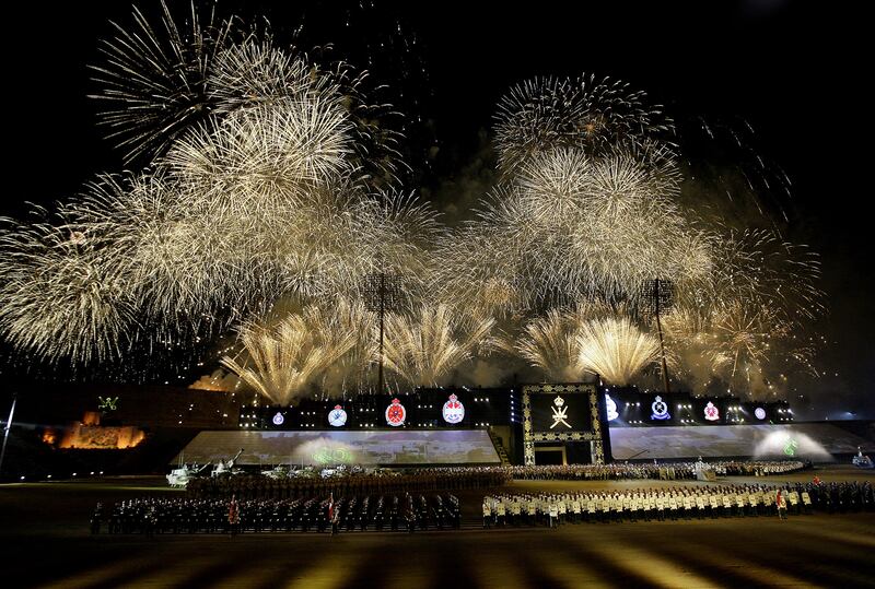 Fireworks light the sky at Midan Al Fath stadium in Muscat on the third day of celebrations marking 40 years since Omani ruler Sultan Qaboos took the throne on December 1, 2010. AFP