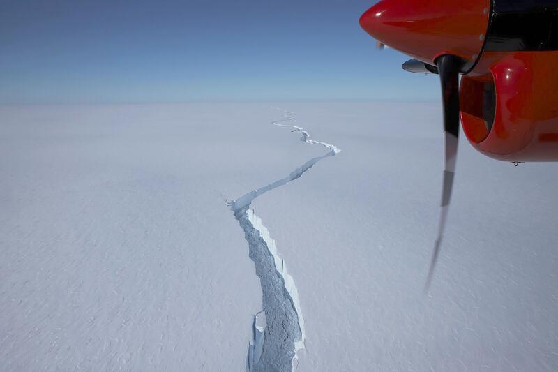 A aerial view taken in Jan. 2021 and issued on Friday July 26, 2021 by the British Antarctic Survey showing a massive crack in the Brunt Ice Shelf in Antarctica. A huge iceberg the size of the English county of Bedfordshire has broken off the 150-m thick Brunt Ice Shelf, almost a decade after scientists at British Antarctic Survey (BAS) first detected growth of vast cracks in the ice.(British Antarctic Survey via AP)