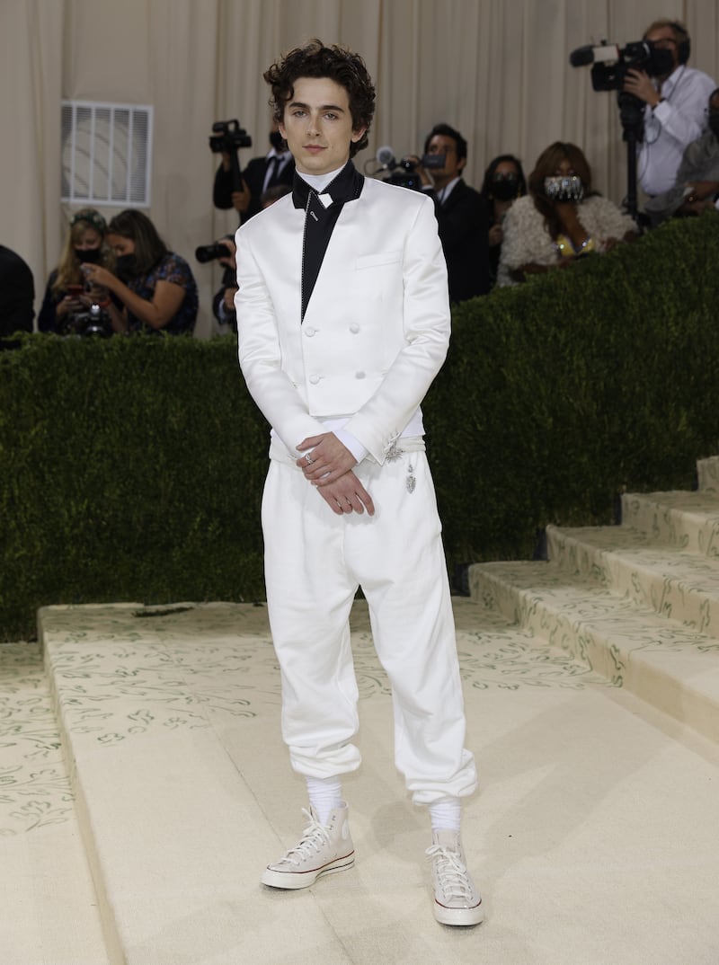 Timothee Chalamet in white Rick Owens and Haider Ackermann at the 2021 Met Gala. EPA