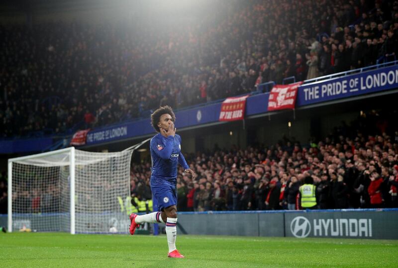 Willian celebrates scoring against Liverpool in the FA Cup. Reuters