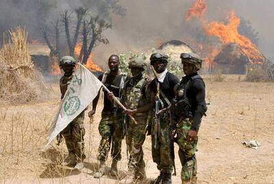 BORNO, NIGERIA - MARCH 29: Nigerian soldiers are seen after an operation against Boko Haram terrorists at a terrorist camp in Borno, Nigeria on March 29, 2016. (Photo by Stringer/Anadolu Agency/Getty Images)