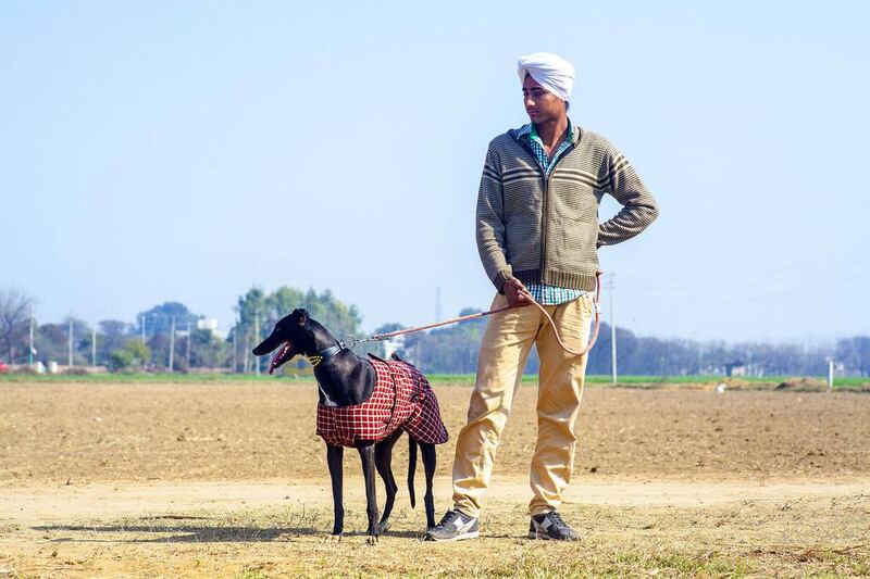 Gurpreet  Singh, 15, from Gujjarwal, with his race dog Blackie waits for start of a dog race.
