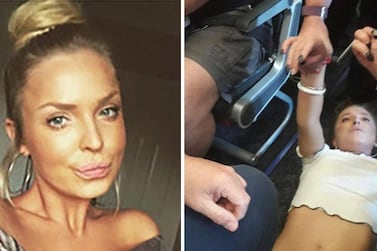 Photos on social media show Jet2 passenger Chloe Haines, 25, lying down in the aisle. She also allegedly stormed the cockpit and threatened to kill other passengers on board the flight. Photos: Twitter and Linkedin