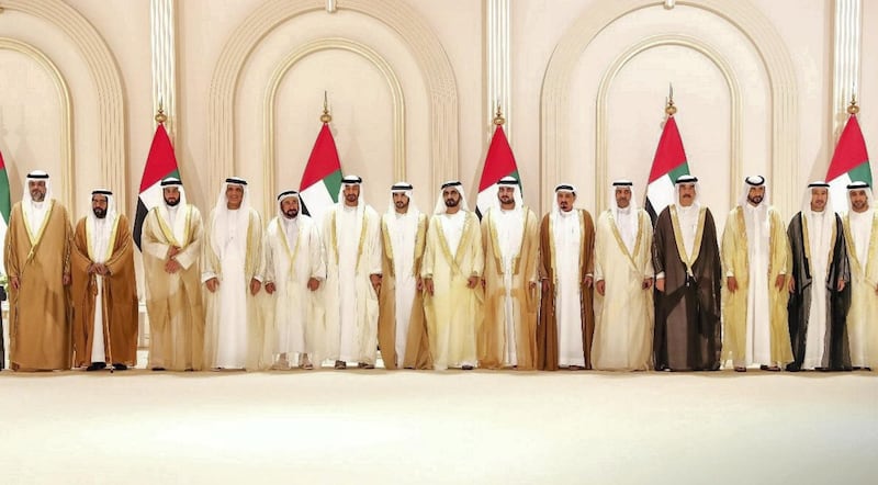 The UAE's Rulers and Crown Princes attend the wedding of Sheikh Hamdan bin Mohammed, Crown Prince of Dubai, Sheikh Maktoum bin Mohammed, Deputy Ruler of Dubai, and Sheikh Ahmed bin Mohammed, Chairman of the Mohammed bin Rashid Al Maktoum Knowledge Foundation, on Thursday at Dubai World Trade Centre. Courtesy Dubai Media Office