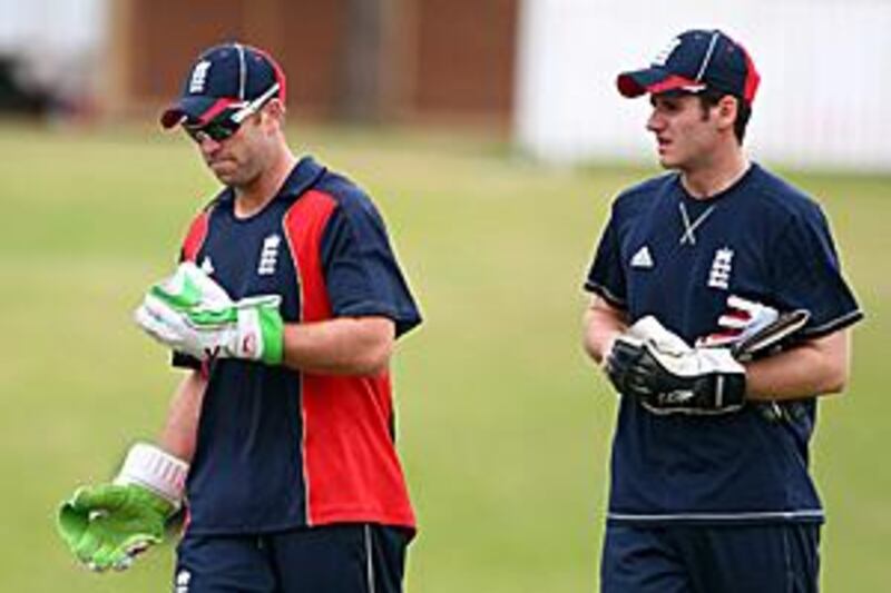 Matt Prior, left, a doubtful starter for England, walks alongside Steven Davies ahead of a fitness test at the Centurion.