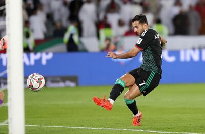 ABU DHABI , UNITED ARAB EMIRATES , January 21 – 2019 :- Ali Ahmed Mabkhout ( no 7 in green UAE ) scored the 2nd goal during the AFC Asian Cup UAE 2019 football match between UNITED ARAB EMIRATES vs. KYRGYZ REPUBLIC held at Zayed Sports City in Abu Dhabi. ( Pawan Singh / The National ) For News/Sports