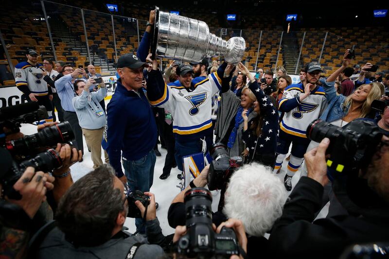 Jun 12, 2019; Boston, MA, USA; St. Louis Blues goaltender Jordan Binnington (50) hoists the Stanley Cup after defeating the Boston Bruins in game seven of the 2019 Stanley Cup Final at TD Garden. Mandatory Credit: Winslow Townson-USA TODAY Sports