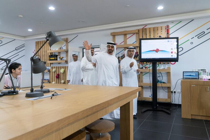 AL AIN, ABU DHABI, UNITED ARAB EMIRATES - February 07, 2019: HH Sheikh Mohamed bin Zayed Al Nahyan, Crown Prince of Abu Dhabi and Deputy Supreme Commander of the UAE Armed Forces (2nd R), visits the United Arab Emirates University.

( Rashed Al Mansoori / Ministry of Presidential Affairs )
---