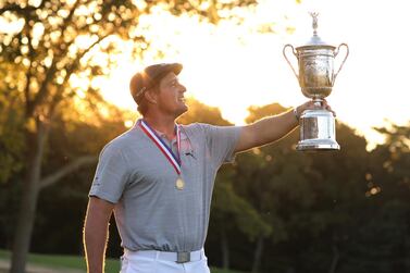 Bryson DeChambeau celebrates after winning the 2020 US Open at Winged Foot Golf Club, New York, in September. EPA