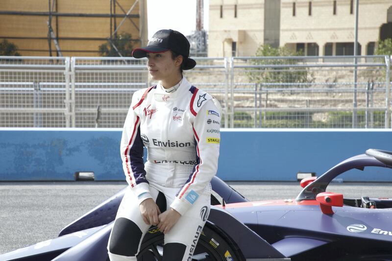 Emirati racing driver Amna Al Qubaisi on Sunday became the first woman to take part in a Formula E test when she drove for the Envision Virgin Racing team in Riyadh. Karma Gurung / The National