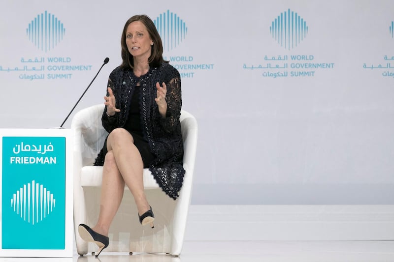 DUBAI, UNITED ARAB EMIRATES - Feb 12, 2018.

Adena Friedman, President and Chief Executive Officer of Nasdaq, speaking at 
"How to Tame a Volatile Market?" session at World Government Summit 2018.
(Photo: Reem Mohammed/ The National)

Reporter: Sarah Townsend
Section: NA