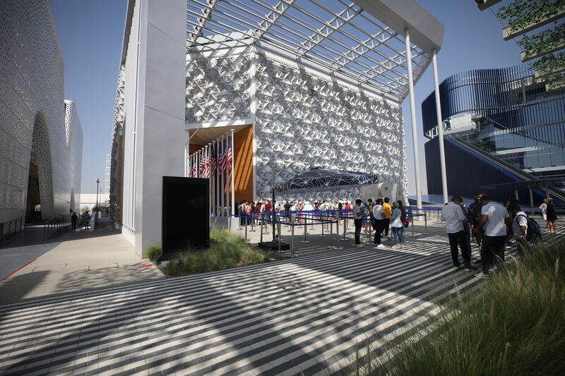 Visitors outside the United States of America Pavilion, Expo 2020 Dubai. Katarina Premfors / Expo 2020 Dubai