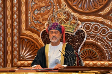 Oman's Sultan Haitham bin Tariq gives a speech after being sworn in before the royal family council in January. Reuters