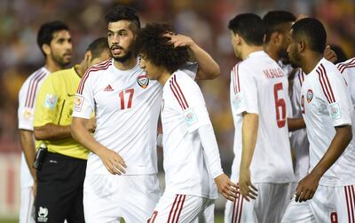 Omar Abdulrahman, Majed Hassan  celebrate against Iraq during the third-place play-off football match between Iraq and United Arab Emirates at the AFC Asian Cup in Newcastle on January 30, 2015. (UAE FA) *** Local Caption ***  DSC_0057.jpg