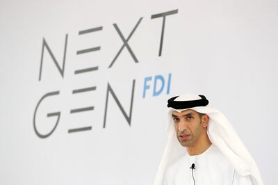 Dr Thani Al Zeyoudi, Minister of State for Foreign Trade, speaking during the launch of NextGenFDI in Dubai in July. Pawan Singh / The National