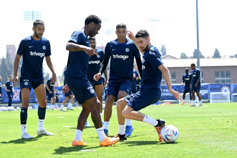 Raheem Sterling and Jorginho of Chelsea during a training session at Drake Stadium UCLA Campus in Los Angeles, California. 