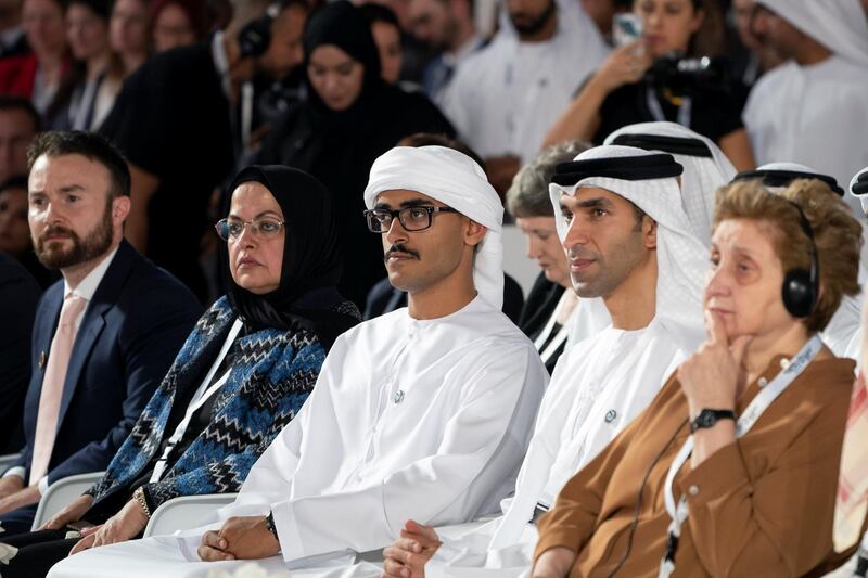 SAADIYAT ISLAND, ABU DHABI, UNITED ARAB EMIRATES - November 19, 2019: HE Dr Thani Al Zeyoudi, UAE Minister for Climate Change and Environment (2nd R) and HH Sheikh Zayed bin Mohamed bin Zayed Al Nahyan (3rd R), attend the Reaching the Last Mile Forum, at the Louvre Abu Dhabi.

( Mohamed Al Hammadi / Ministry of Presidential Affairs )
---