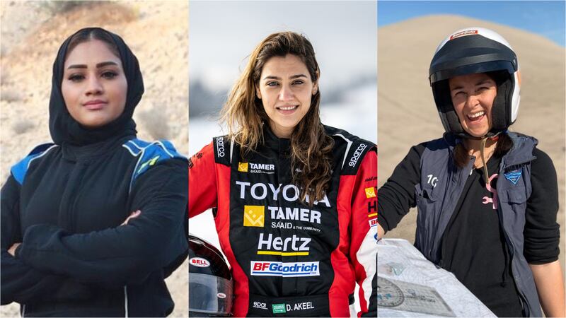 From left, Oman's Sanaa Al Shekaili, Saudi Arabia's Dania Akeel and Sedona Blinson from the US are competing in Saudi Arabia's first women's only motoring event. Photo: Rally Jameel