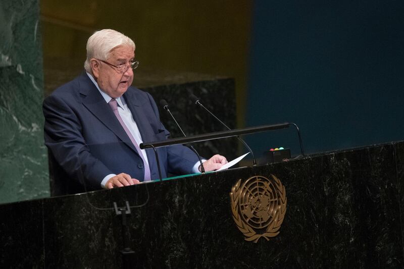 Syrian Deputy Prime Minister Walid Al-Moualem addresses the 73rd session of the United Nations General Assembly, Saturday, Sept. 29, 2018 at U.N. headquarters. (AP Photo/Mary Altaffer)