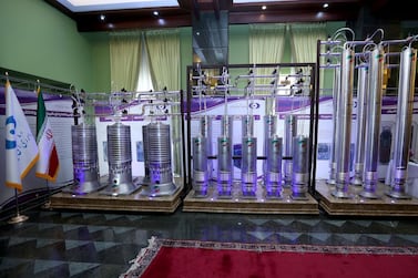 New generation centrifuges are seen on display during Iran's National Nuclear Energy Day in Tehran, on April 10, 2021. Iranian Presidency Office/ Reuters