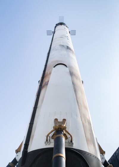 DUBAI, UNITED ARAB EMIRATES. 18 NOVEMBER 2020. 
A replica of the Space X Falcon 9 rocket outside the USA Pavilion at EXPO 2020 site. (Photo: Reem Mohammed/The National)

Reporter:
Section: