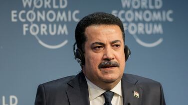 Iraq's Prime Minister Mohammed Shia Al Sudani speaks during the annual meeting of the World Economic Forum in Davos, Switzerland, on January 18, 2024. AP