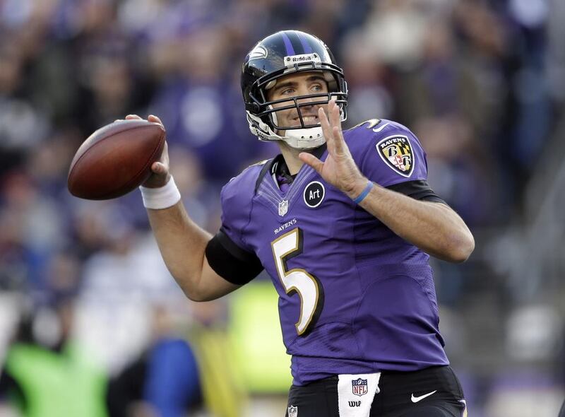 Joe Flacco and the Ravens, at 8-6, trail the Cincinnati Bengals by a game in the AFC North and hold a tiebreaker over the Miami Dolphins for the second wild-card play-off spot in the conference. Patrick Semansky / AP