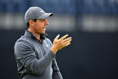 CARNOUSTIE, SCOTLAND - JULY 16:  Rory McIlroy of Northern Ireland looks on, on a practice round during previews ahead of the 147th Open Championship at Carnoustie Golf Club on July 16, 2018 in Carnoustie, Scotland.  (Photo by Stuart Franklin/Getty Images)