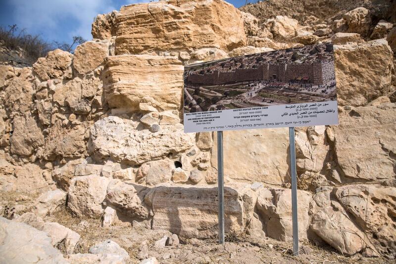 One of the signs at the new archaeological park the Israeli government and army recently opened in the Palestinian Tel Rumeida neighborhood of Hebron .
(Photo by Heidi Levine for The National).