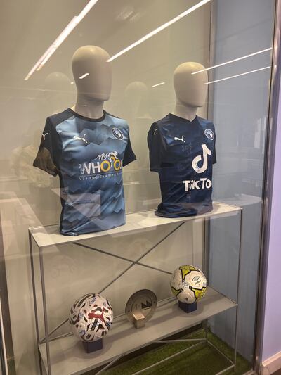 Pyramids FC jerseys in a display case inside the office of Mamdouh Eid, the CEO of Egyptian Premier League side Pyramids. Photo: Andy Mitten
