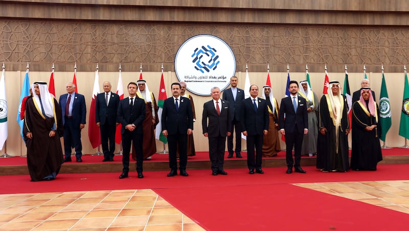Left to right, French President Emmanuel Macron, Iraq's Prime Minister Mohammed Shia Al Sudani, Jordan's King Abdullah II, Egypt's President Abdel Fattah El Sisi, Jordan's Crown Prince Hussein, Sheikh Saud bin Saqr Al Qasimi, Ruler of Ras Al Khaimah, and Saudi Foreign Minister Prince Faisal bin Farhan. EPA
