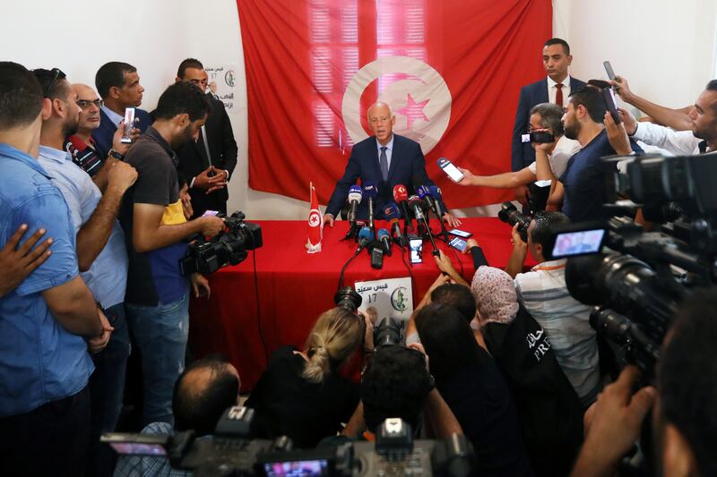Presidential candidate Kais Saied speaks during a news conference after the announcement of the results in the first round of Tunisia's presidential election in Tunis, Tunisia September 17, 2019. REUTERS/Muhammad Hamed
