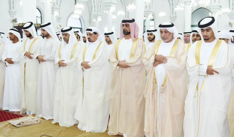 Sheikh Humaid bin Rashid Al Nuaimi, Ruler of Ajman, attends Eid prayers. Courtesy Wam