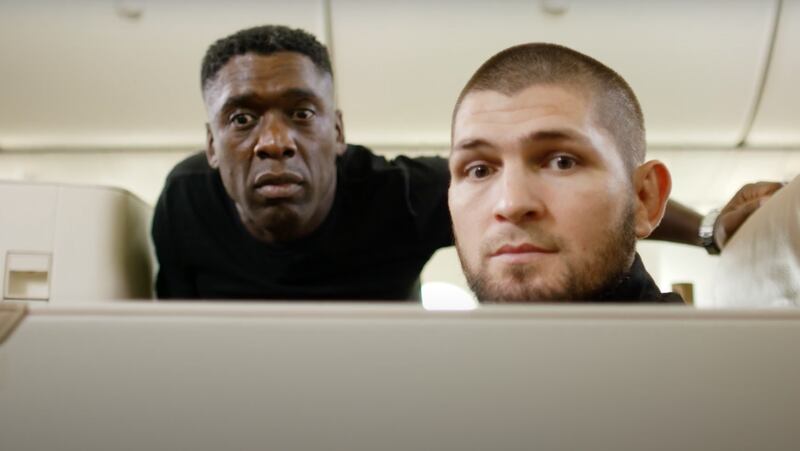 Clarence Seedorf, left, and Khabib Nurmagomedov are the latest in a long line of sports stars signing up for promotional World Cup content. Photo: Etihad Airways