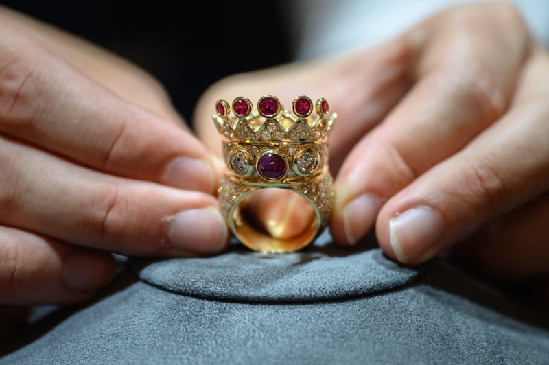 The ring designed and worn by Tupac Shakur during his last public appearance on display at Sotheby's in New York. AFP