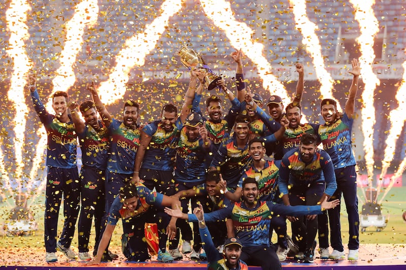 Sri Lanka celebrate after beating Pakistan in the Asia Cup final at Dubai International Cricket Stadium on Sunday, September 11, 2022. All images by Chris Whiteoak / The National