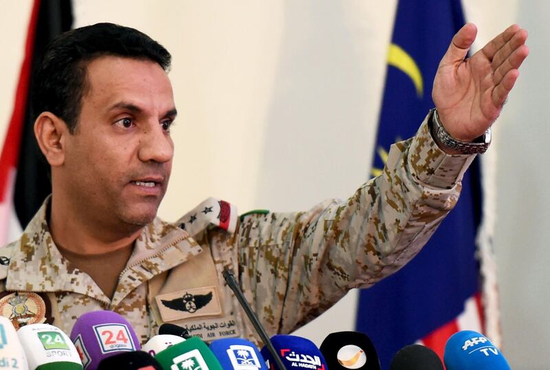 Saudi led coalition spokesman Turki Al-Malki gives a press conference at the King Salman Airbase in Riyadh on November 5, 2017.  / AFP PHOTO / FAYEZ NURELDINE