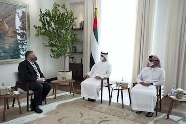 ABU DHABI, UNITED ARAB EMIRATES - November 21, 2020: HH General Sheikh Mohamed bin Zayed Al Nahyan Crown Prince of Abu Dhabi Deputy Supreme Commander of the UAE Armed Forces (C), meets with Michael R. Pompeo, Secretary of State of the United States of America (L), at Al Shati Palace. Seen with HH Sheikh Tahnoon bin Zayed Al Nahyan, UAE National Security Advisor (R). ( Hamad Al Mansoori / Ministry of Presidential Affairs ) ---