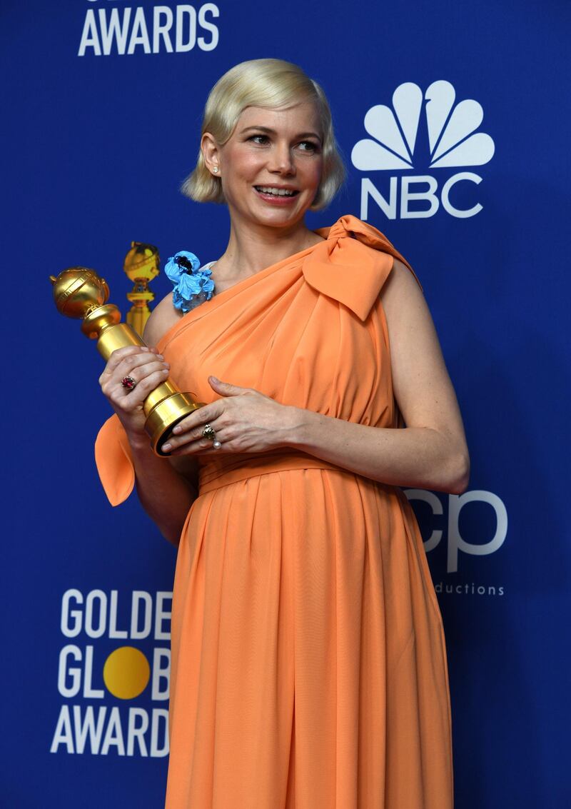 Michelle Williams poses with her award for Best Performance by an Actress in a Limited Series or Motion Picture made for Television for her role in 'Fosse/Verdon' during the 77th annual Golden Globe Awards on January 5, 2020, at The Beverly Hilton hotel in Beverly Hills, California. EPA