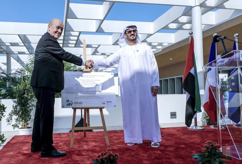 Abu Dhabi, United Arab Emirates, October 28, 2019.  
French Minister for Europe and Foreign affairs, Mr. Jean-Yves Le Drian, together with H.E. Hussain Ibrahim Al Hammadi, the Minister of Education, UAE, inaugurates the new premises of the primary school of the Lycée Louis Massignon Abu Dhabi.
Victor Besa/The National
Section:  NA
Reporter: John Dennehy